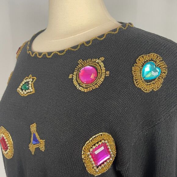 Vintage Sweater Womens Size Medium Black Rhinestone Embellished Bling Party 80s - Picture 7 of 13